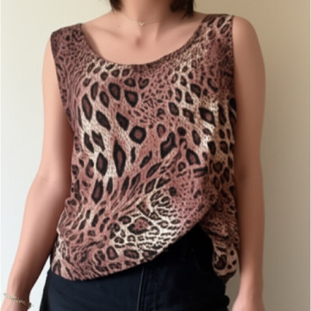 90s Vintage‎ Neutral Mixed Media Animal Print Lightweight Stretch Sleeveless Top